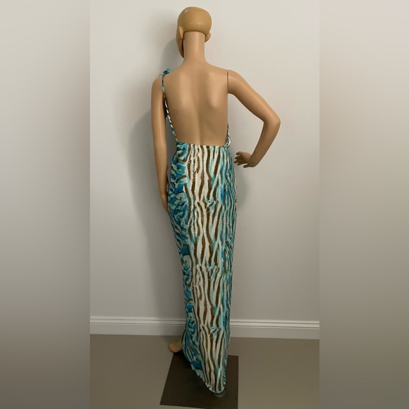 Zebra Print Blue Multicolor One Shoulder Statement Wrap Fashion Dress - Picture 11 of 13